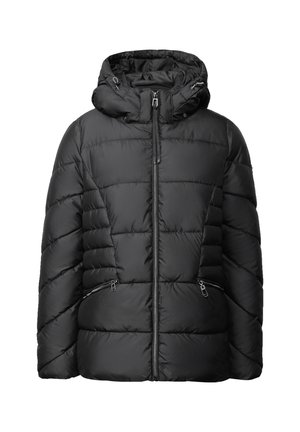 Doudoune noire avec capuche, dotée d'une fermeture éclair à l'avant, de deux poches latérales zippées et d'un design matelassé. Texture lisse et rembourrée.