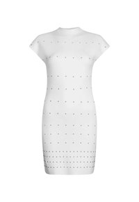 Abito bianco aderente con collo alto, maniche a cappuccio e una trama decorata con accenti metallici circolari distribuiti in modo uniforme.