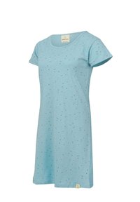 Hellblaues T-Shirt-Kleid mit rundem Halsausschnitt und kurzen Ärmeln, das mit einem gesprenkelten Muster kleiner schwarzer Punkte und einem kleinen Logosticker versehen ist.