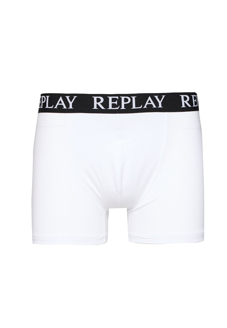 Weiße Baumwoll-Boxershorts mit einem schwarzen elastischen Bund, auf dem das "REPLAY"-Logo in Weiß prangt. Glatte Textur mit einer enganliegenden Passform.