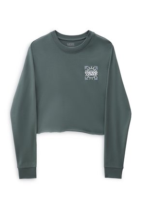 Chemise courte à manches longues vert foncé avec logo "Vans" et graphisme de soleil sur la partie supérieure gauche de la poitrine, col rond et manches côtelées.