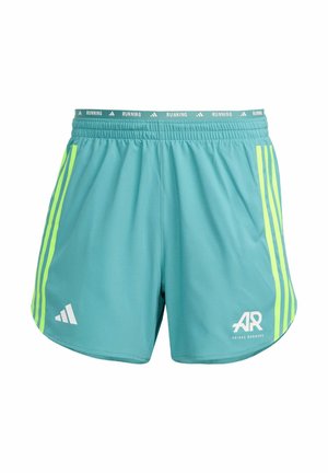 Pantaloni da corsa turchesi realizzati in tessuto leggero, con strisce laterali giallo neon e un logo bianco sulla parte bassa della gamba sinistra. Include una cintura elastica.