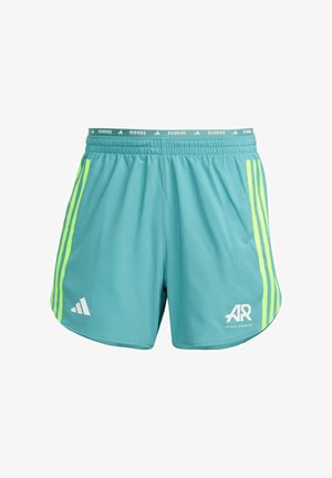 Pantaloni da corsa turchesi realizzati in tessuto leggero, con strisce laterali giallo neon e un logo bianco sulla parte bassa della gamba sinistra. Include una cintura elastica.