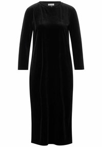 Schwarzes Samtkleid mit langen Ärmeln, rundem Ausschnitt und gerader Silhouette. Glatte Textur und mittellanger Schnitt. Schlichtes, minimalistisches Design.