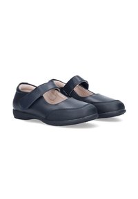 Zapatos Mary Jane de color azul marino, hechos de material sintético brillante, con un panel texturizado, punta redonda y correa de velcro para un ajuste seguro.