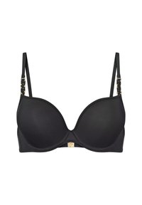 Czarny stanik z poduszkami, wykonany z gładkiego materiału, z fiszbinami, regulowanymi ramiączkami oraz dekoracyjnym zapięciem w złotym odcieniu na środku przodu.