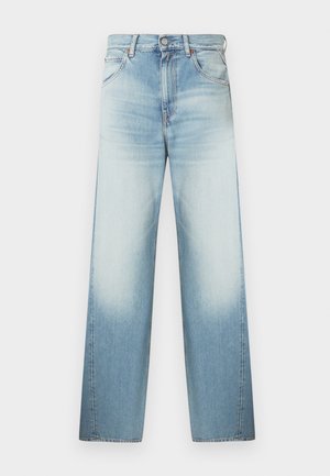 Blugi din denim albastru deschis, cu croială lejeră, talie înaltă, design cu cinci buzunare și o decolorare subtilă spre partea de jos a picioarelor.