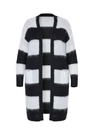 Lang åben cardigan med brede, sorte og hvide vandrette striber og to forlommer, lavet af blødt, lodden stof.