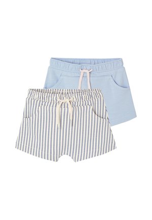 Two pairs of toddler shorts, one light blue and one white with vertical blue stripes, both with elastic waistbands and front pockets.