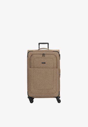 Valise en tissu marron doux avec une poche zippée à l'avant, une poignée extensible et quatre roues pivotantes noires.