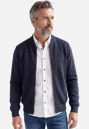 Man met grijs haar en baard, gekleed in een marineblauwe trui met ritssluiting over een wit overhemd met knopen en een blauwe spijkerbroek, kijkt naar de zijkant.