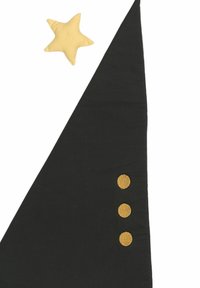 Juoda trikampio formos medžiaga su trimis geltonais apskritimais ir maža geltona žvaigždute viršuje.