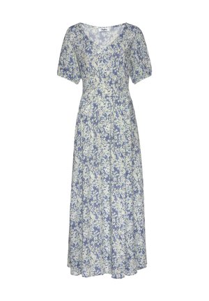Vestido midi azul claro y blanco con estampado floral, mangas cortas abullonadas, escote en V y detalle fruncido en la cintura.
