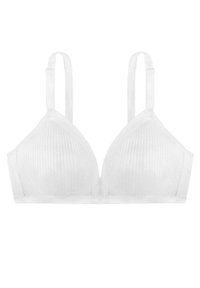 Bralette triangle blanc en tissu ribclé, avec des bretelles réglables et des bords sans couture pour une apparence lisse.