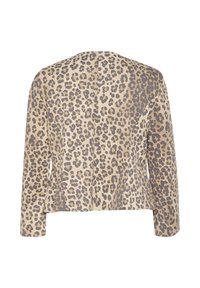 Leopardenmuster-Jacke mit langen Ärmeln, beiger Grundfarbe und dunkelbraunen Flecken. Weicher Stoff, taillierte Passform und minimalistisches Design.