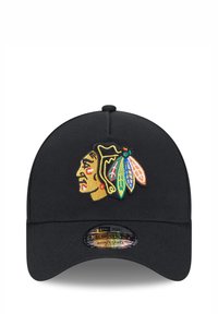 Black baseball cap with an adjustable back, featuring an embroidered Native American profile and colorful feather accents on the front.