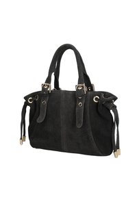 Sac à main en suede noir avec poignées supérieures doubles, quincaillerie dorée, accents de nœuds sur les côtés et couture verticale contrastée. Design compact et structuré.