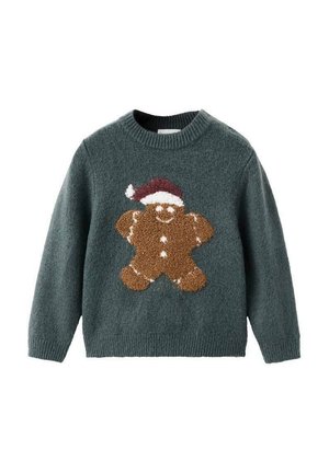 Pull vert foncé avec un bonhomme en pain d'épices texturé portant un chapeau de Noël sur le devant, avec des détails en glace blanche décorative.