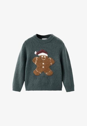 Donkergroene trui met een getextureerde peperkoekmannetje dat een Santa-hat draagt op de voorkant, met decoratieve witte glazuurdetails.