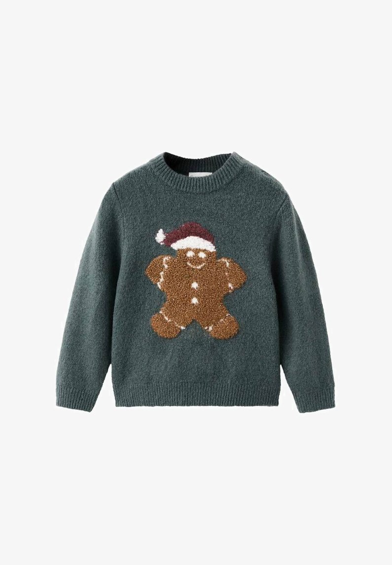 Tamnozeleni pulover s teksturiranim kolačićem u obliku čovječuljka koji nosi kapu Djeda Božićnjaka sprijeda, s dekorativnim detaljima od bijelog šećera.