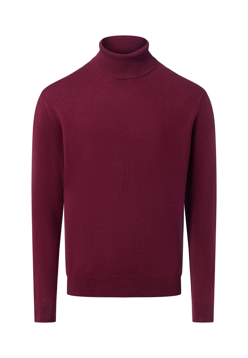 Burgunderfarbener Rollkragenpullover aus weichem Strickstoff. Verfügt über lange Ärmel und ein figurbetontes Design mit glatter Textur und minimaler Ausstattung.