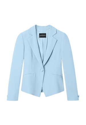 Blazer su misura azzurro chiaro con chiusura a un bottone, rever a lancia, due tasche frontali e maniche lunghe.