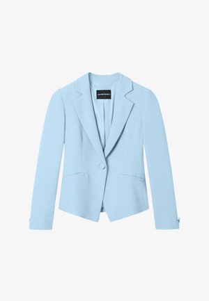 Blazer su misura azzurro chiaro con chiusura a un bottone, rever a lancia, due tasche frontali e maniche lunghe.