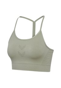 Ljust grön atletisk bh med en mjuk textur. Har en racerback-design och en diskret logotyp präglad på framsidan.