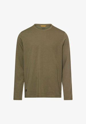 Olive green long-sleeve t-shirt made of soft fabric, featuring a crew neck, minimalistic design, and small branding detail on the chest.