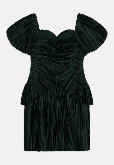 Dark green pleated dress with a fitted bodice, flared sleeves, and a ruffled hem. Made of textured fabric, displaying vertical pleats throughout.
