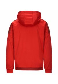 Rode hoodie met lange mouwen, voorzien van gouden accenten op de schouders en een gladde, textuur gevende stof.