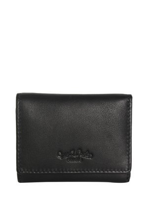 Zwarte leren portemonnee met gestikte randen en een geperst "Guest Leder Studio" logo op de voorflap.