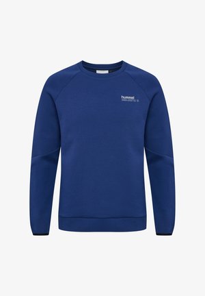Navy blue sweatshirt with long raglan sleeves, crew neck, elastic cuffs, and hem; features a small white logo on the chest.