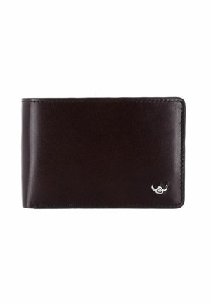 Portefeuille bifold en cuir marron foncé avec une couture soignée et un petit logo de taureau argenté dans le coin inférieur droit.