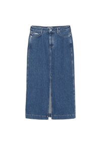 Jeanskjol i blått med en rak silhuett och en framdelad öppning. Inkluderar bälteshällor och klassisk femfickorsdesign.