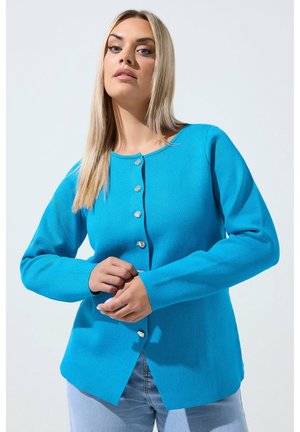 Kobieta z długimi blond włosami, ubrana w jasnoniebieski rozpinany sweter i jasnoniebieskie dżinsy na jednolitym jasnym tle.