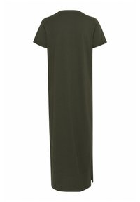 Olivi vihreä nilkkapituinen t-paitamekko pehmeästä kankaasta, jossa on lyhyet hihat ja pyöreä kaula-aukko. Sivuhalkiot helpottavat liikkumista.