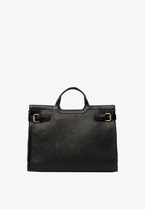 Sac en cuir noir au design structuré, doté de deux boucles dorées, de deux poignées supérieures et d'une texture lisse.