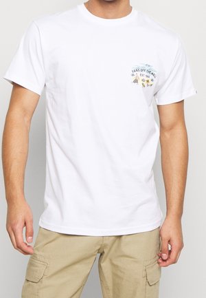 Biała bawełniana koszulka z kolorowym wzorem graficznym na lewej piersi, z napisem "VANS OFF THE WALL" i elementami dekoracyjnymi.