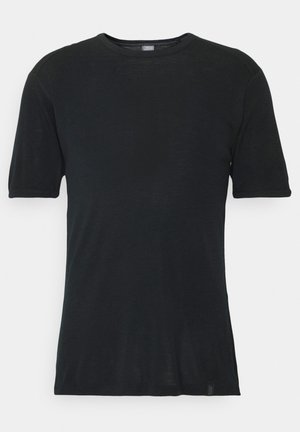 Black short-sleeve T-shirt made of soft fabric, featuring a crew neck, smooth texture, and no visible patterns or accents.