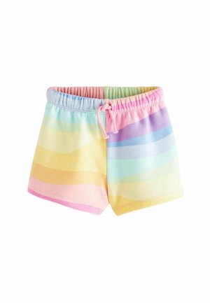 Børneshorts med pastelfarvede, vandrette regnbuestriber, elastisk linning og pink snor, vist på hvid baggrund.