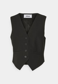 Svart ärmlös skräddarsydd väst med V-ringning, fyra knappar och två framfickor, märkt "minimum."