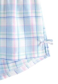 Lyseblåt ternet stof med pastelrosa, grønne og hvide farver. Rundet kant med en lille sløjfe i siden. Blød tekstur.