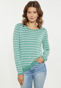 Pulover lung cu mâneci lungi, în dungi verzi și albe, cu decolteu rotund și textură rib knit, asortat cu blugi ușor albaștri.