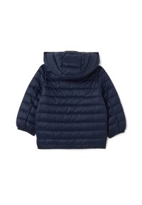 Chaqueta acolchada azul marino con capucha, con textura acolchada y puños elásticos. Equipado con un dobladillo redondeado para mayor comodidad y ajuste.