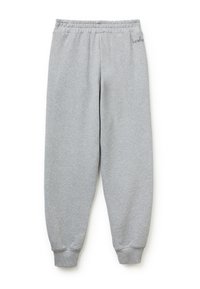 Szare dresy z elastycznym paskiem w talii i zwężanymi mankietami. Wykonane z miękkiego materiału, z małym logo po boku.