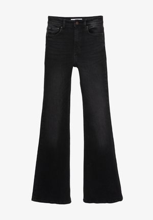 Schwarze Jeans mit hohem Bund aus Denim, weitem ausgestelltem Bein, vorderer Knopfleiste, Reißverschluss und Fünf-Taschen-Stil.