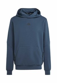 Marineblauer Kapuzenpullover mit einer Vordertasche, schwarzen Akzenten an den Seiten und einem strukturierten Stoff. Mit einem Logo auf der Brust.