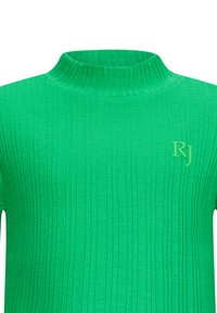 Maglione a collo alto verde a coste realizzato in morbido tessuto, con un piccolo logo ricamato "RJ" sul lato sinistro.