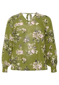 Grøn floral bluse med lange, samlede ærmer, V-udskæring og bånddetalje på ryggen. Har lyserøde og mørkegrønne blomster mønstre.